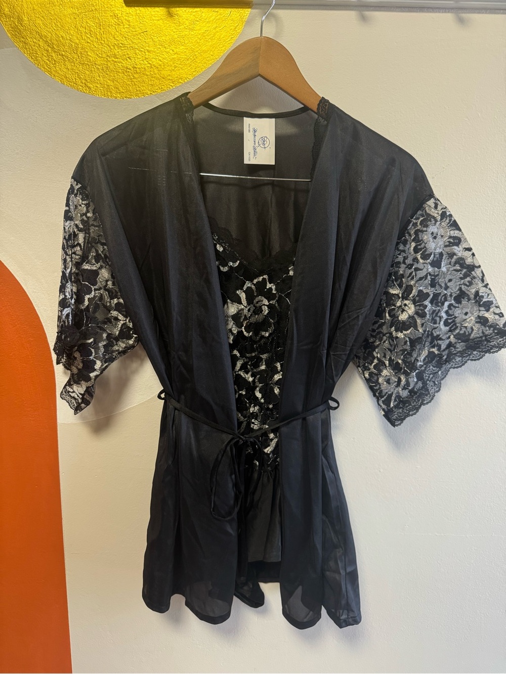 Vintage 80s Undercover Wear Black & Silver Metallic Lace Peplum Teddy + Robe Set